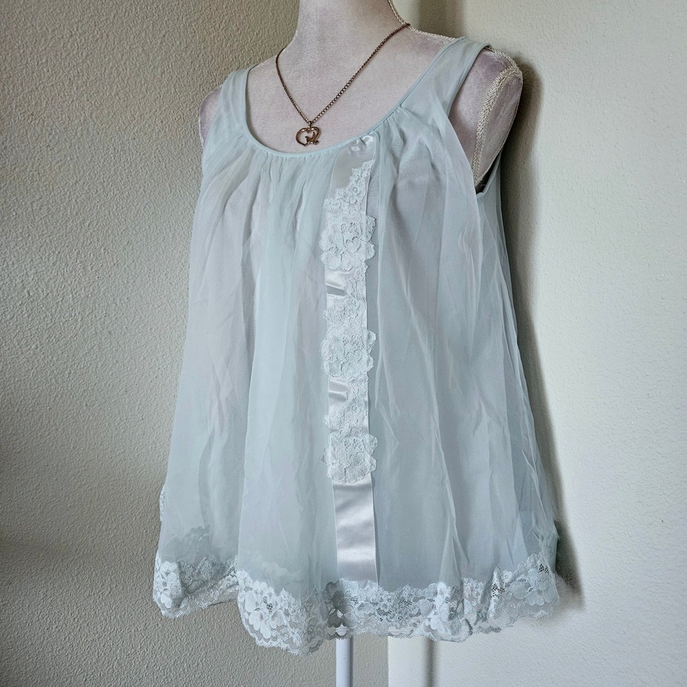 Vintage Shadowline Babydoll Set Blue Lace Sheer Top Bloomers Petite